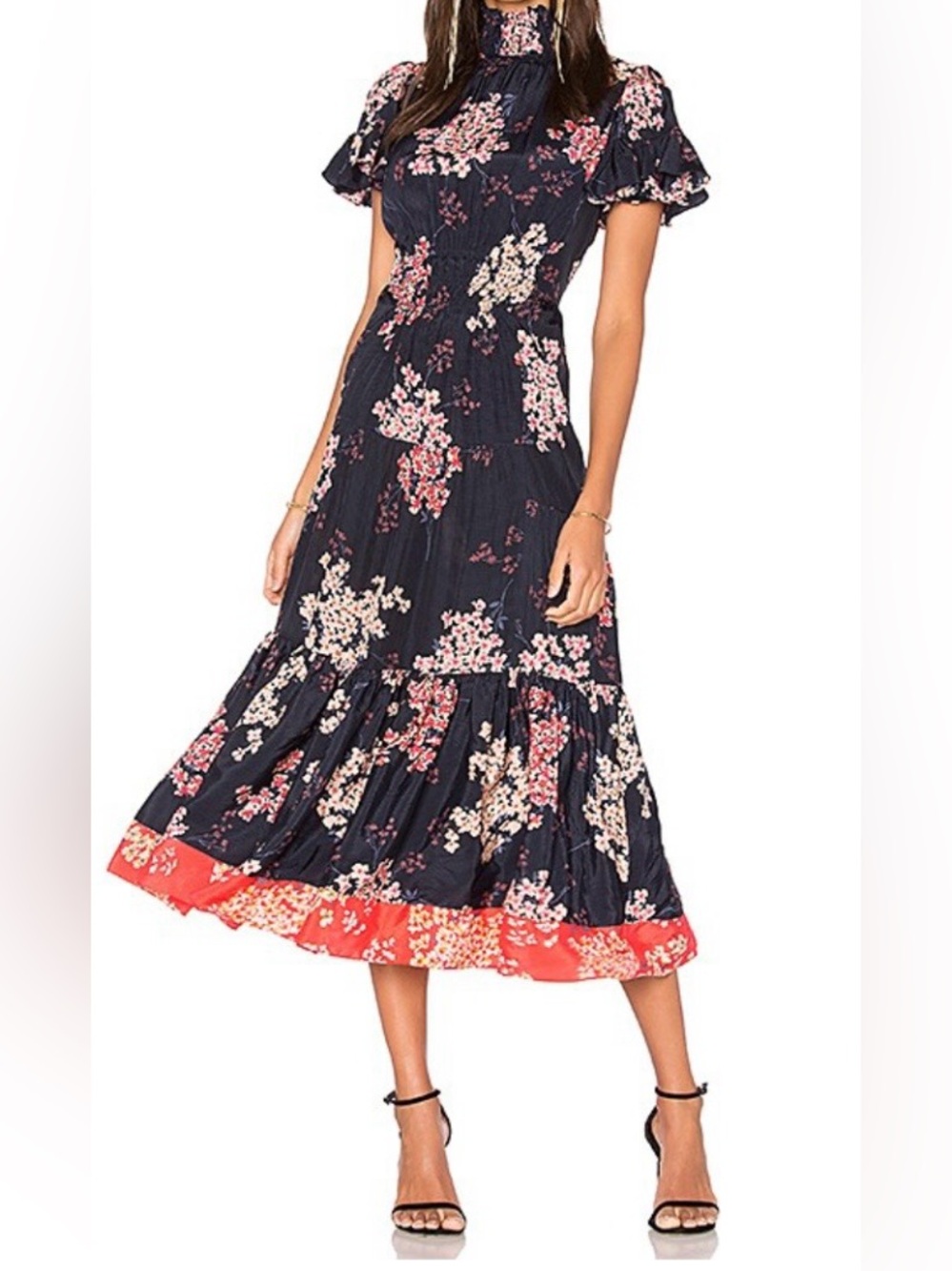 Rebecca Taylor Navy Floral Tiered Maxi Dress – Cherry Blossom Print – Size 0